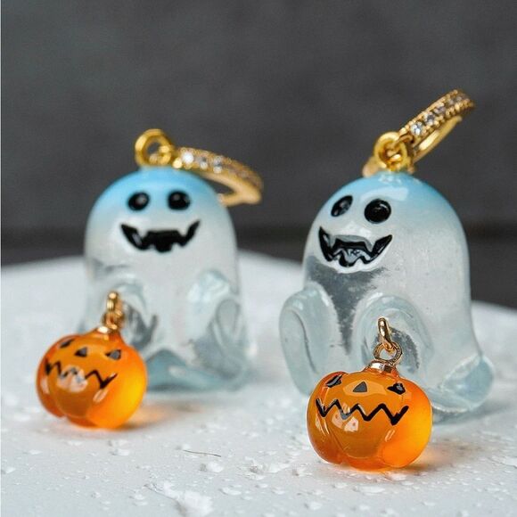 Ghost Pumpkin Earrings With Zirconia Circle Halloween trick or treat - Picture 3 of 13